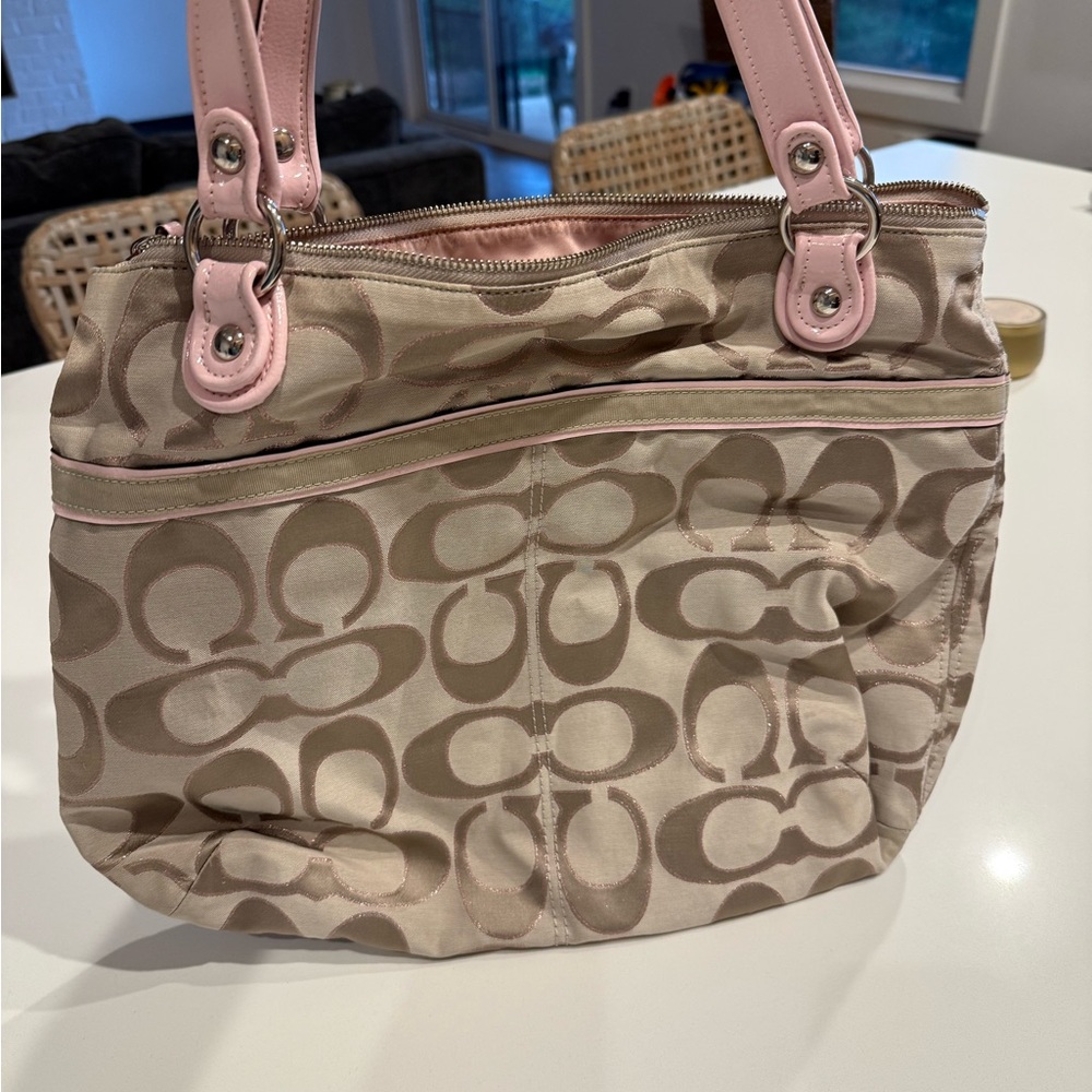 Coach Beige and Pink Signature Shoulder Bag